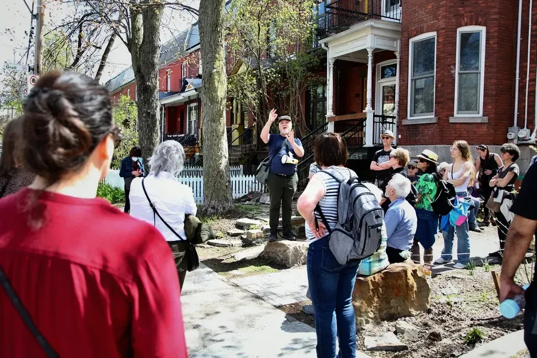 Une petite foule est à l'arrêt sur une rue résidentielle, écoutant M. Ryan qui parle en gesticulant sur une roche.