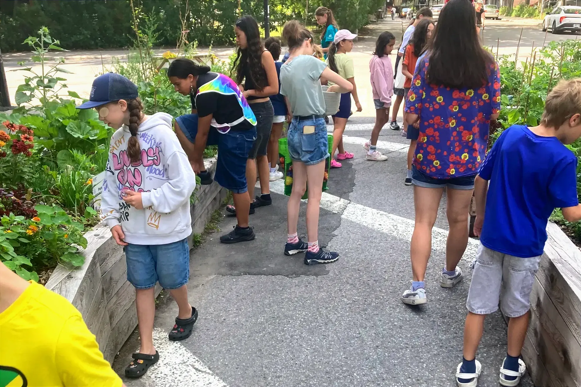 Des enfants observent les plantes du Jardins du Monde et des Premières Nations. 