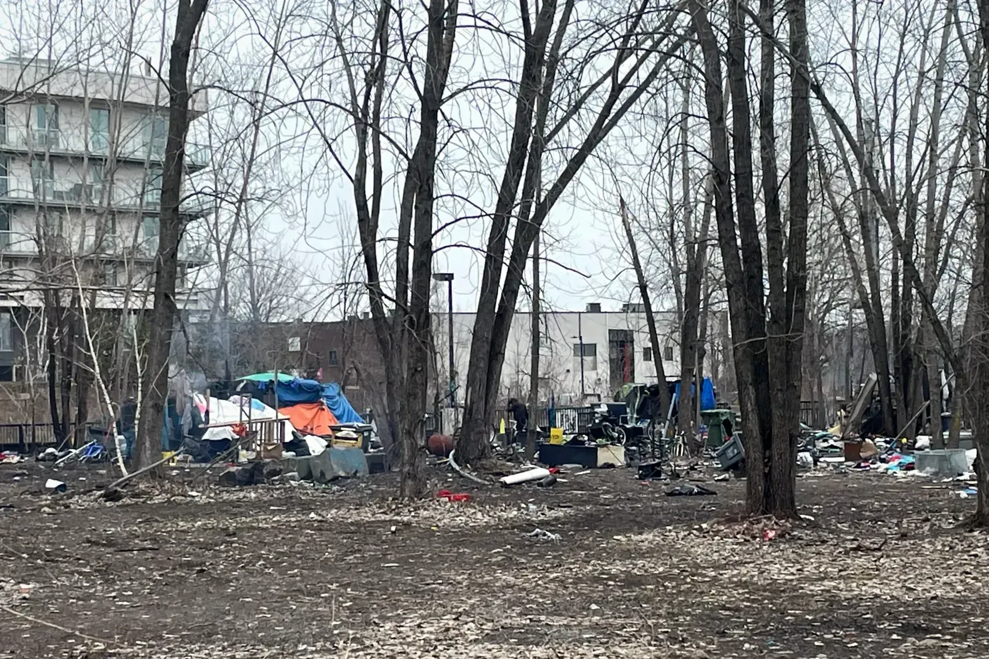 Au loin, parmi quelques arbres, sur un terrain de terre, on peut voir quelques tentes et beaucoup d'objets traîner. 
