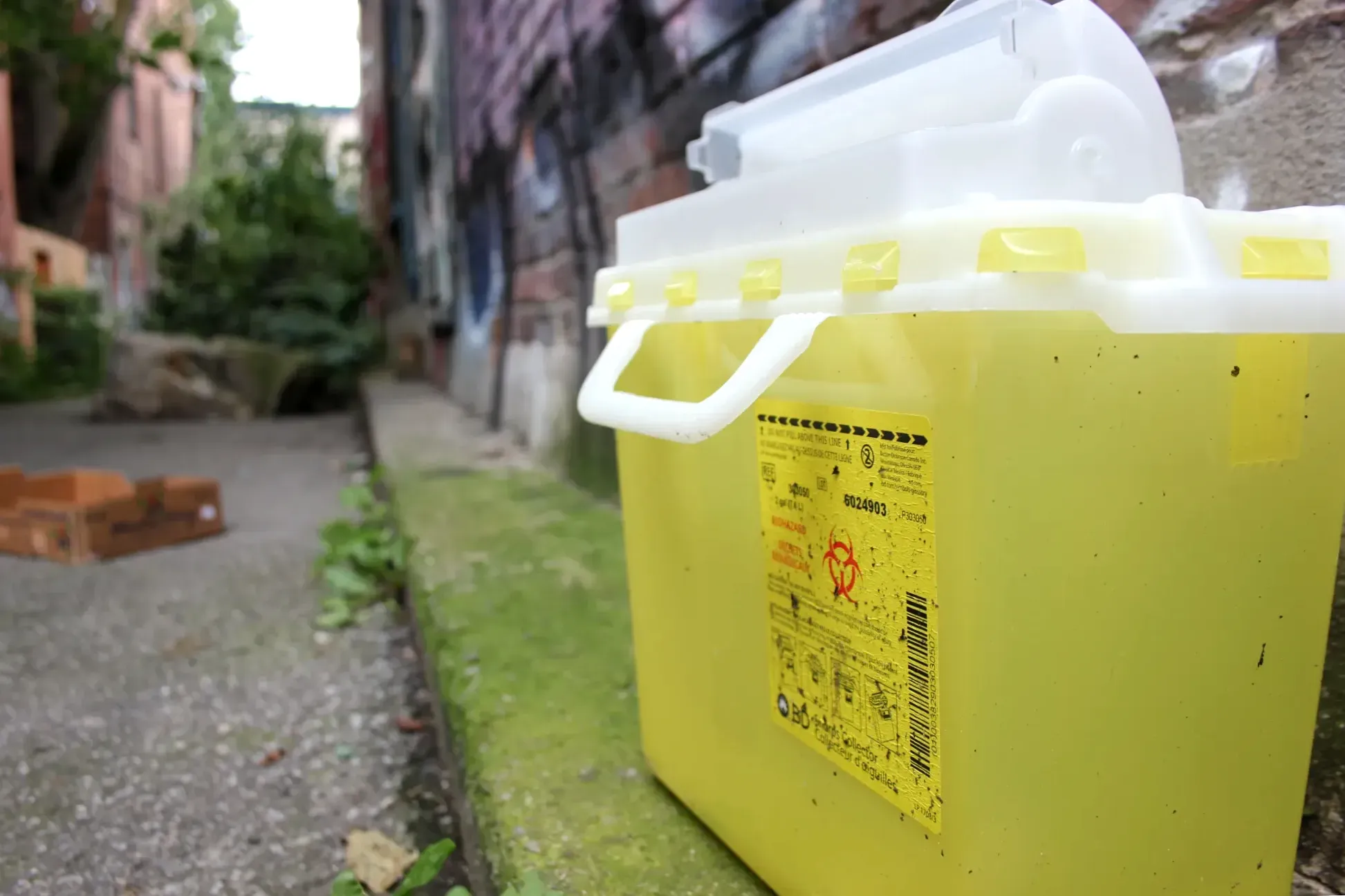 Gros plan sur le collecteur d'aiguille jaune, placé contre un mur. À gauche, on voit la verdure et les déchets flous de l'allée.