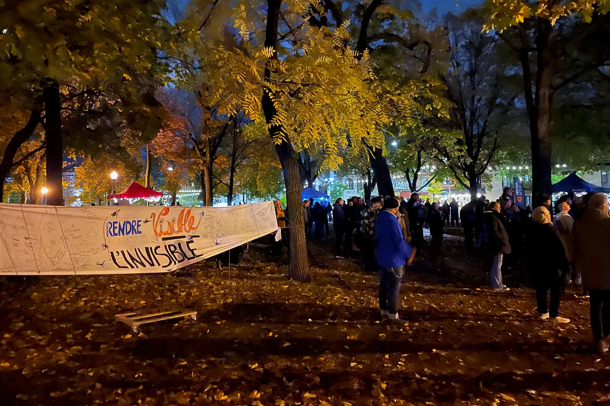 «Rendre visible l'invisble» est inscrit sur une banderole accrochée à proximité d'une cinquantaine de spectateurs dans le parc Lahaie.