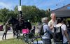 Il y a deux chevaux du SPMV, dont un qui se fait flatter le museau par une personne, en bordure de l'avenue du Parc.