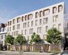 Image générée par ordinateur de l'immeuble à la façade pâle, avec quatre arbres à l'avant.