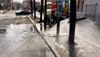 Un véhicule de nettoyage arrose un trottoir de l'avenue Laurier de multiples jets d'eau.