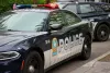 Deux véhicules policiers sont arrêtés sur une rue. 