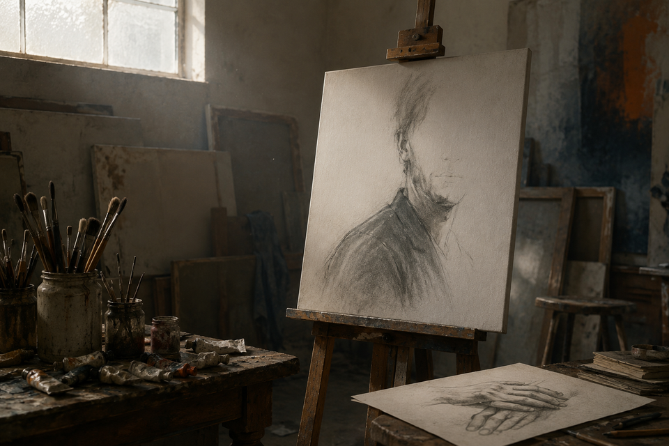 An unfinished charcoal portrait on an easel in a quiet, dust-lit artist’s studio, with a pencil study of hands nearby.