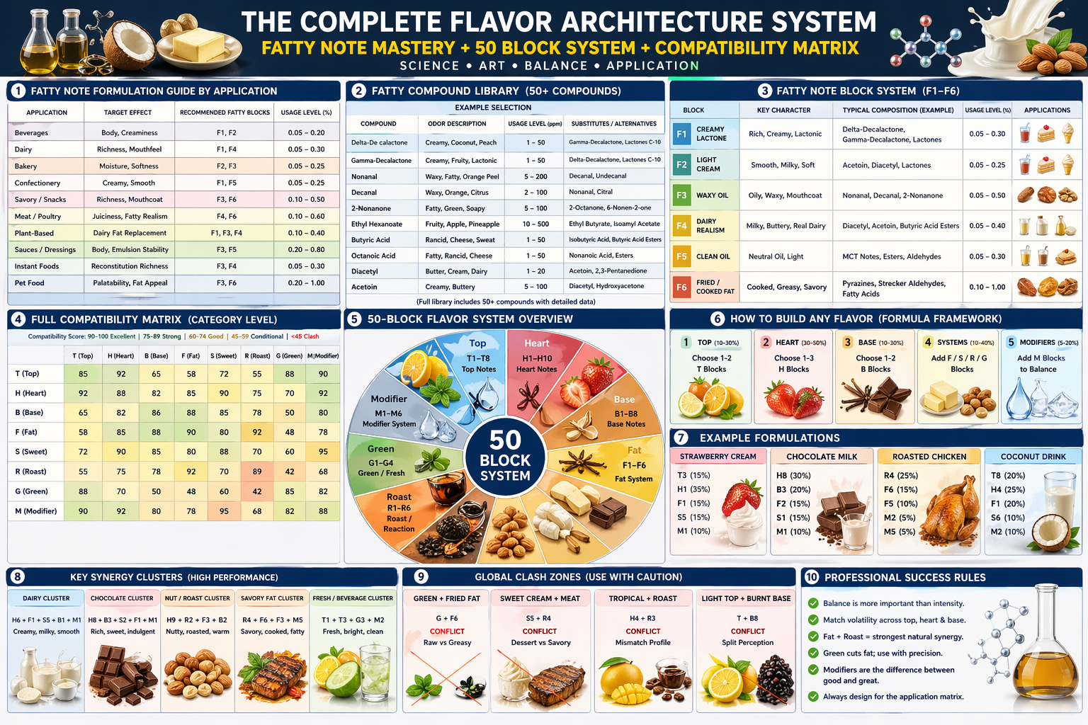 Fatty Note Chemistry, Application Formulation, Compound Libraries, Block Architecture, and Compatibility Engineering