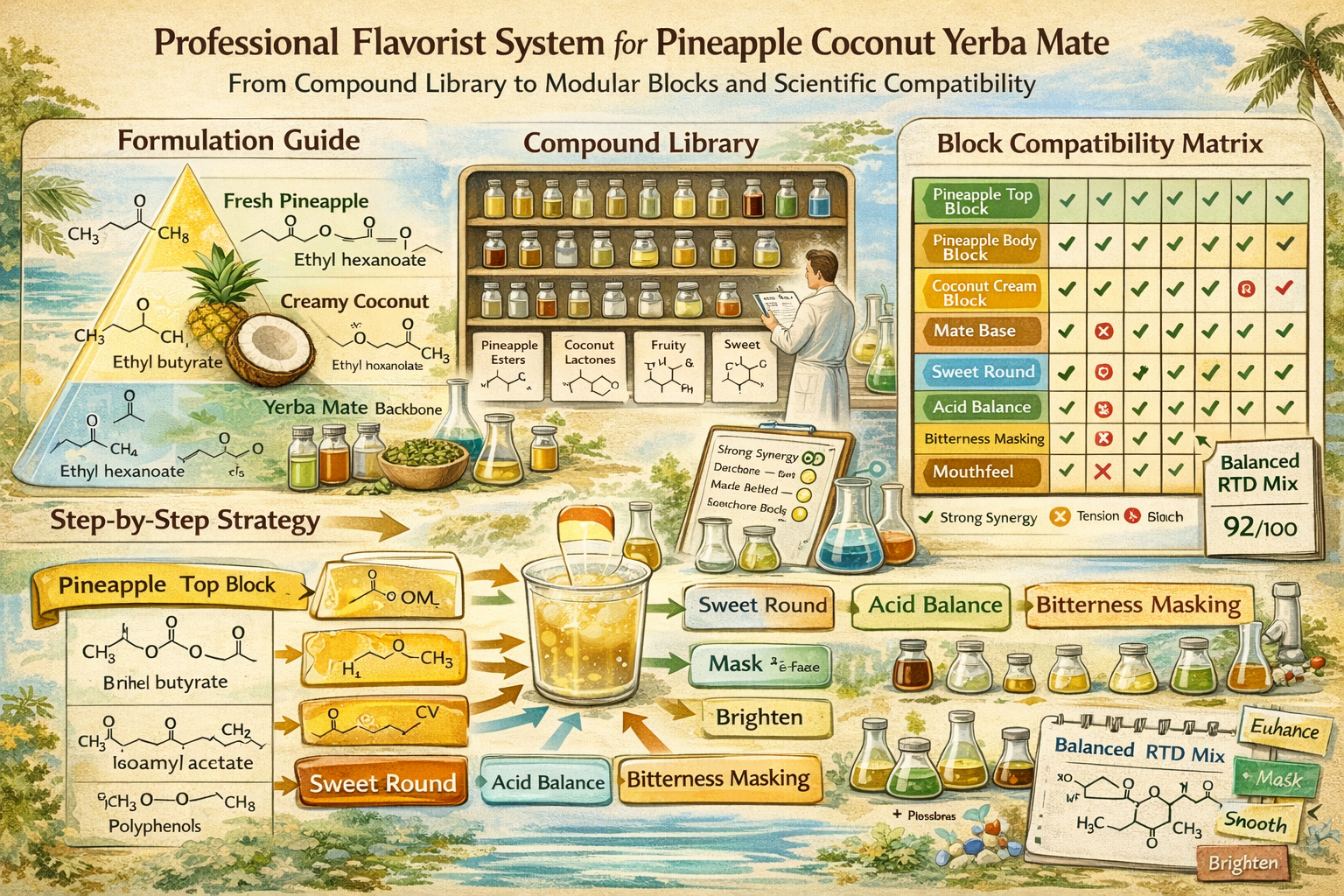 Professional Flavorist System for Pineapple Coconut Yerba Mate: From Formulation Guide to Compound Library to Modular Blocks and Scientific Compatibility Engineering