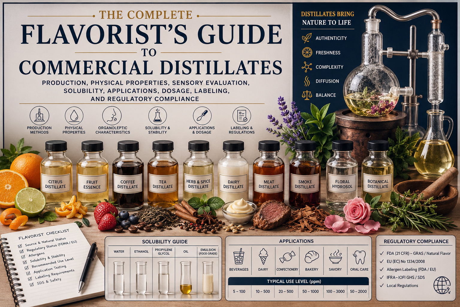 The Complete Flavorist's Guide to Commercial Distillates: Production, Physical Properties, Sensory Evaluation, Solubility, Applications, Dosage, Labeling, and Regulatory Compliance