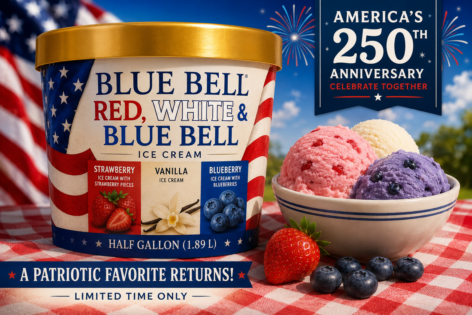 Product News: Blue Bell’s Patriotic Favorite Returns: Red, White & Blue Bell Ice Cream Makes a Comeback for America’s 250th Anniversary