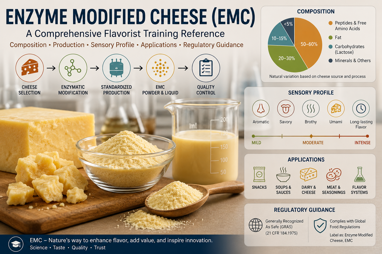 Enzyme Modified Cheese (EMC): A Comprehensive Flavorist Training Reference Composition, Production, Sensory Profile, Applications, and Regulatory Guidance