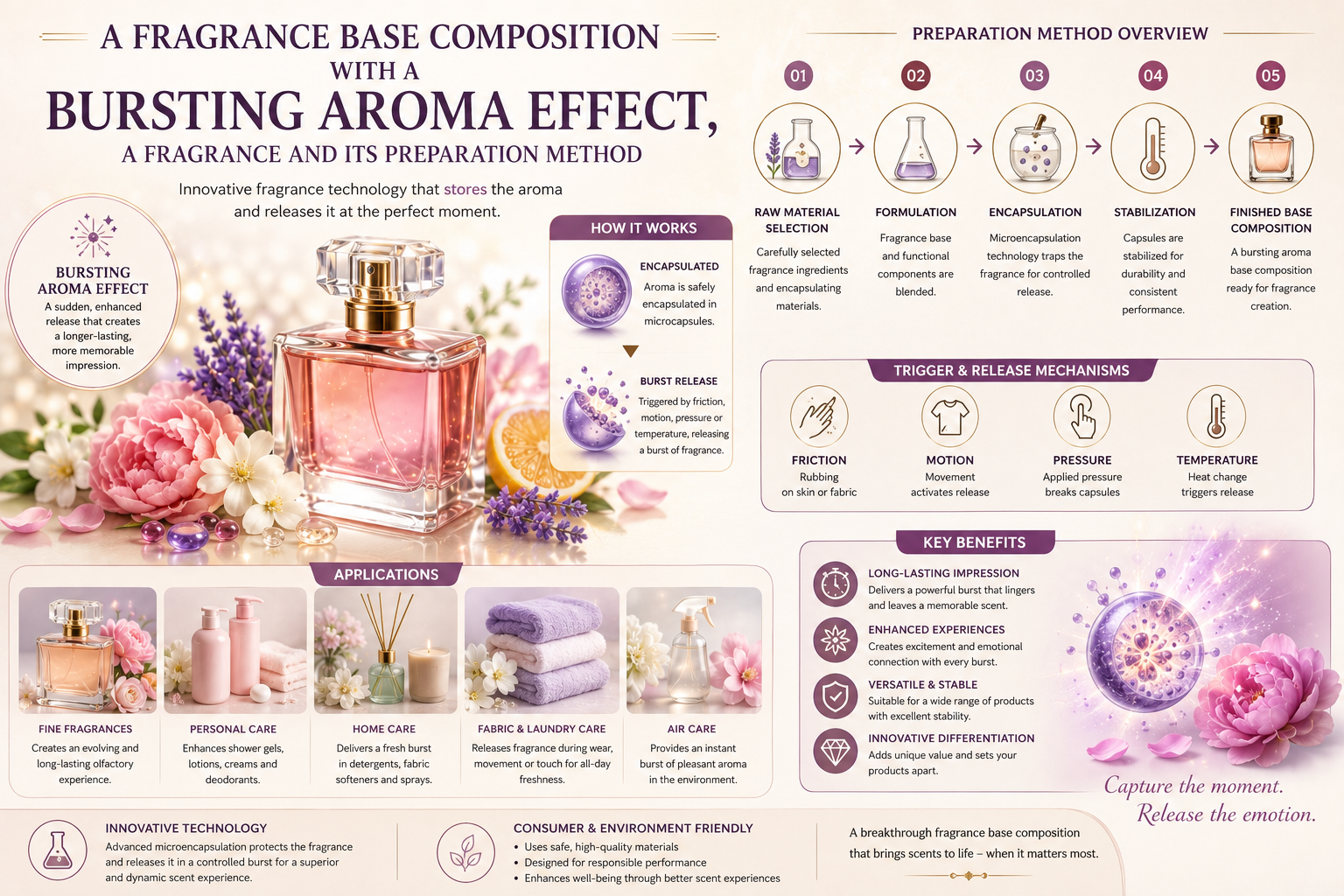 Patent Document: A Fragrance Base Composition with a Bursting Aroma Effect, a Fragrance and Its Preparation Method