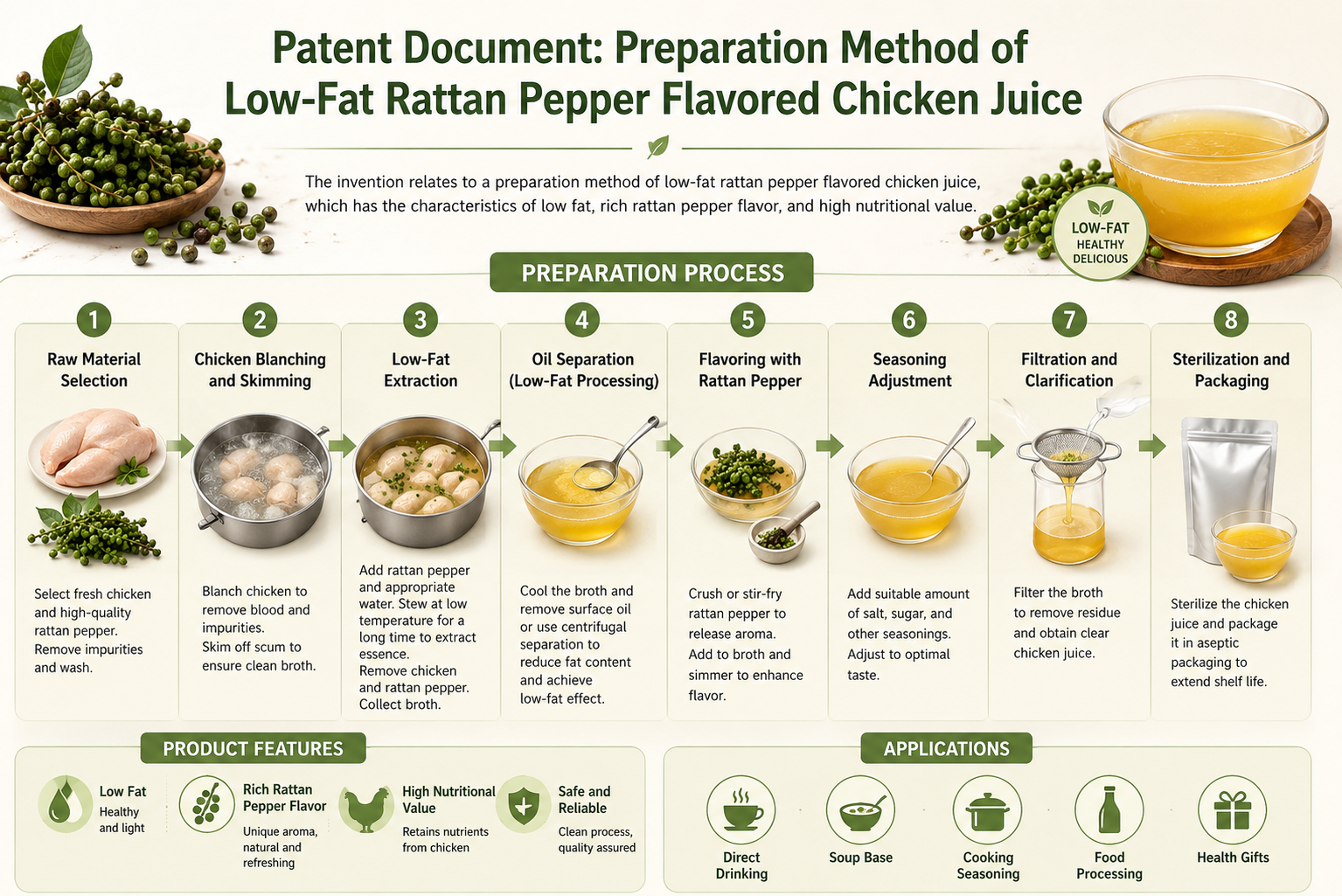 Patent Document: Preparation Method of Low-Fat Rattan Pepper Flavored Chicken Juice