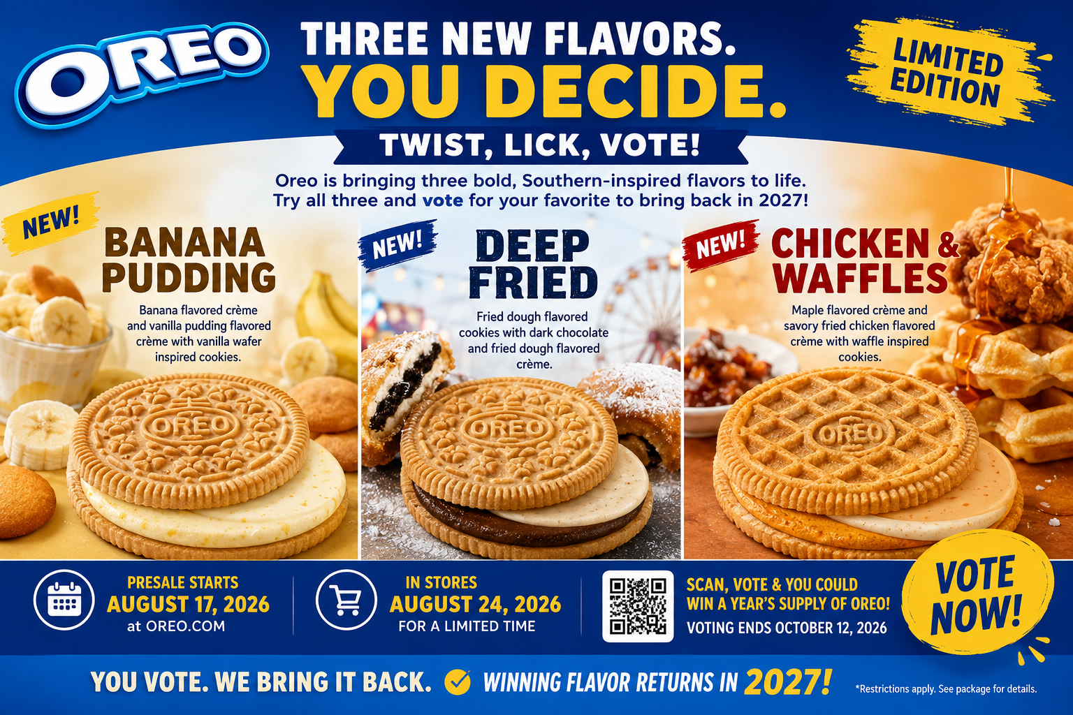 Oreo Limited Flavor Release: Banana Pudding, Deep Fried and Chicken & Waffles Oreos Launch in New Fan-Vote Campaign