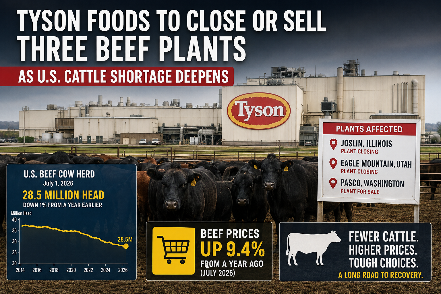 Tyson Foods to Close or Sell Three Beef Plants as U.S. Cattle Shortage Deepens
