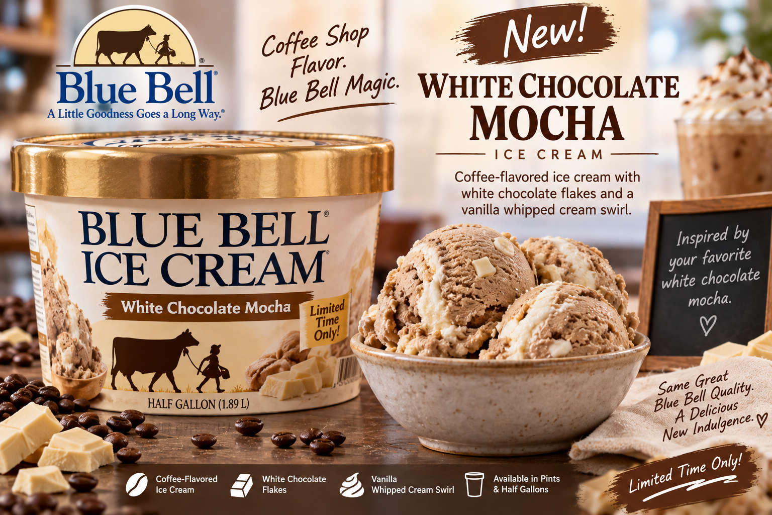 New Blue Bell Flavor: White Chocolate Mocha Ice Cream Turns a Coffee-Shop Favorite Into Dessert