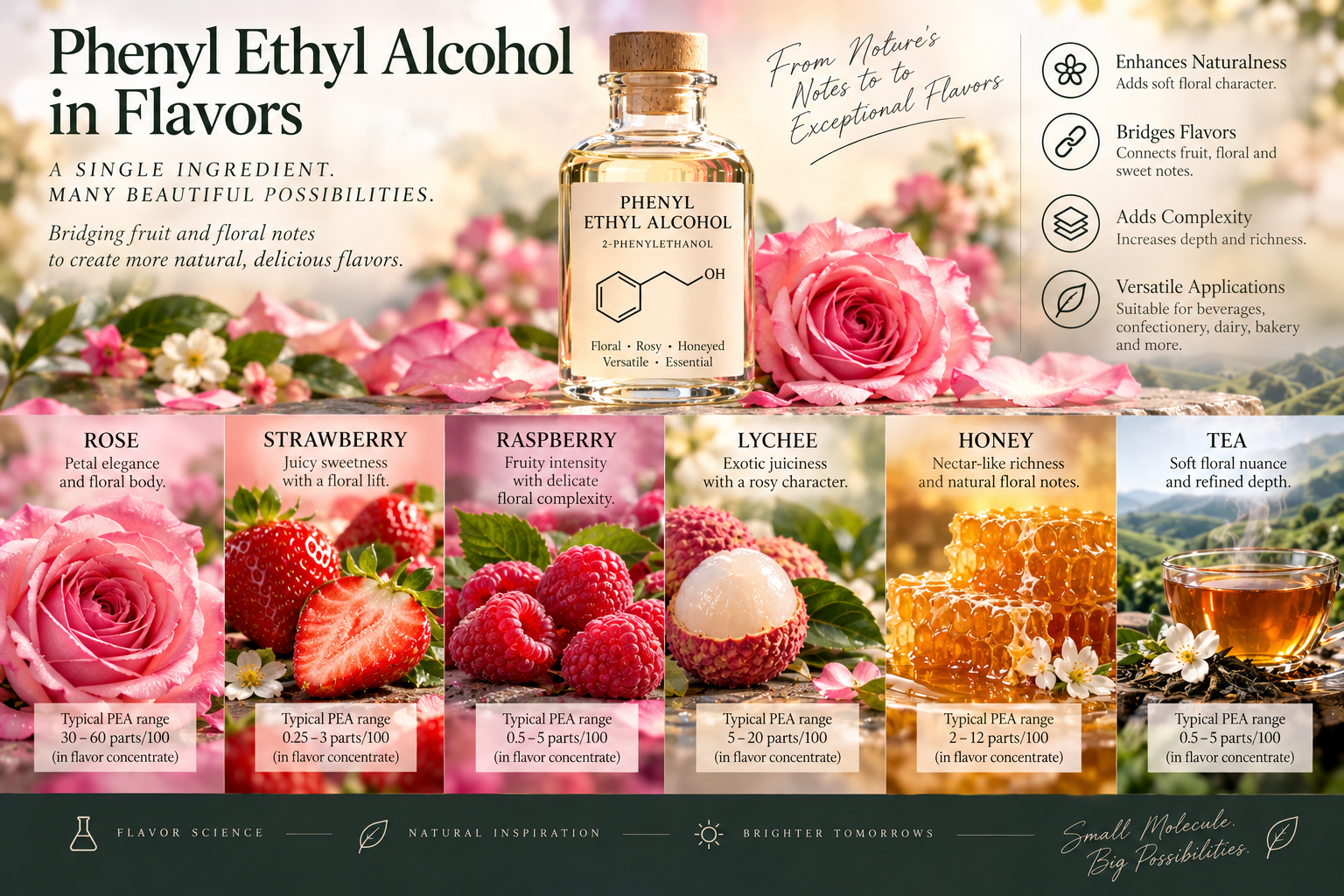 Flavorist’s Technical Application Guide to Application of Phenyl Ethyl Alcohol (2-Phenylethanol) in Rose, Strawberry, Raspberry, Lychee, Honey and Tea Flavors