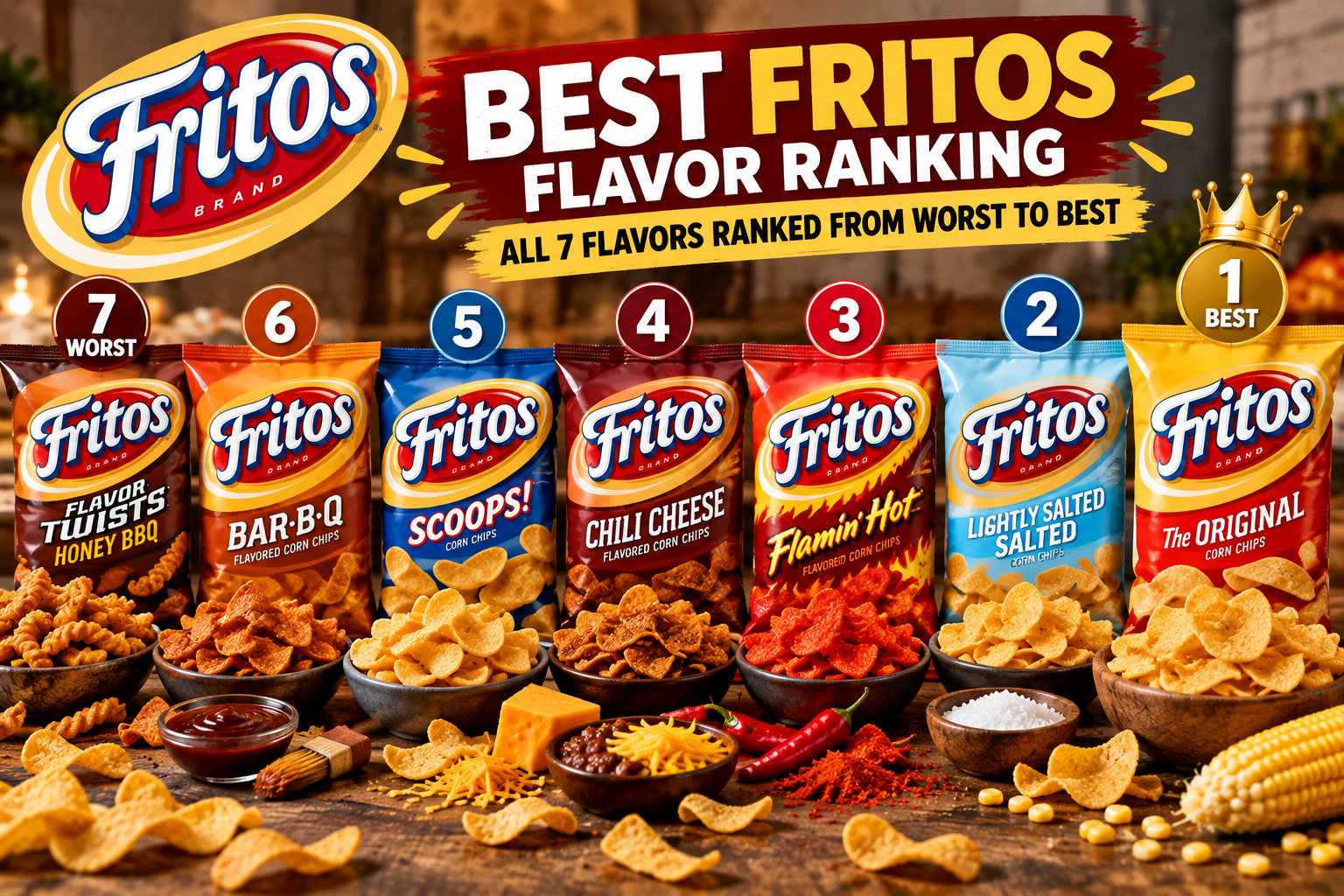 Best Fritos flavor ranking 2026 featuring Original, Lightly Salted, Flamin' Hot, Chili Cheese, Scoops, Bar-B-Q, and Honey BBQ Flavor Twists.