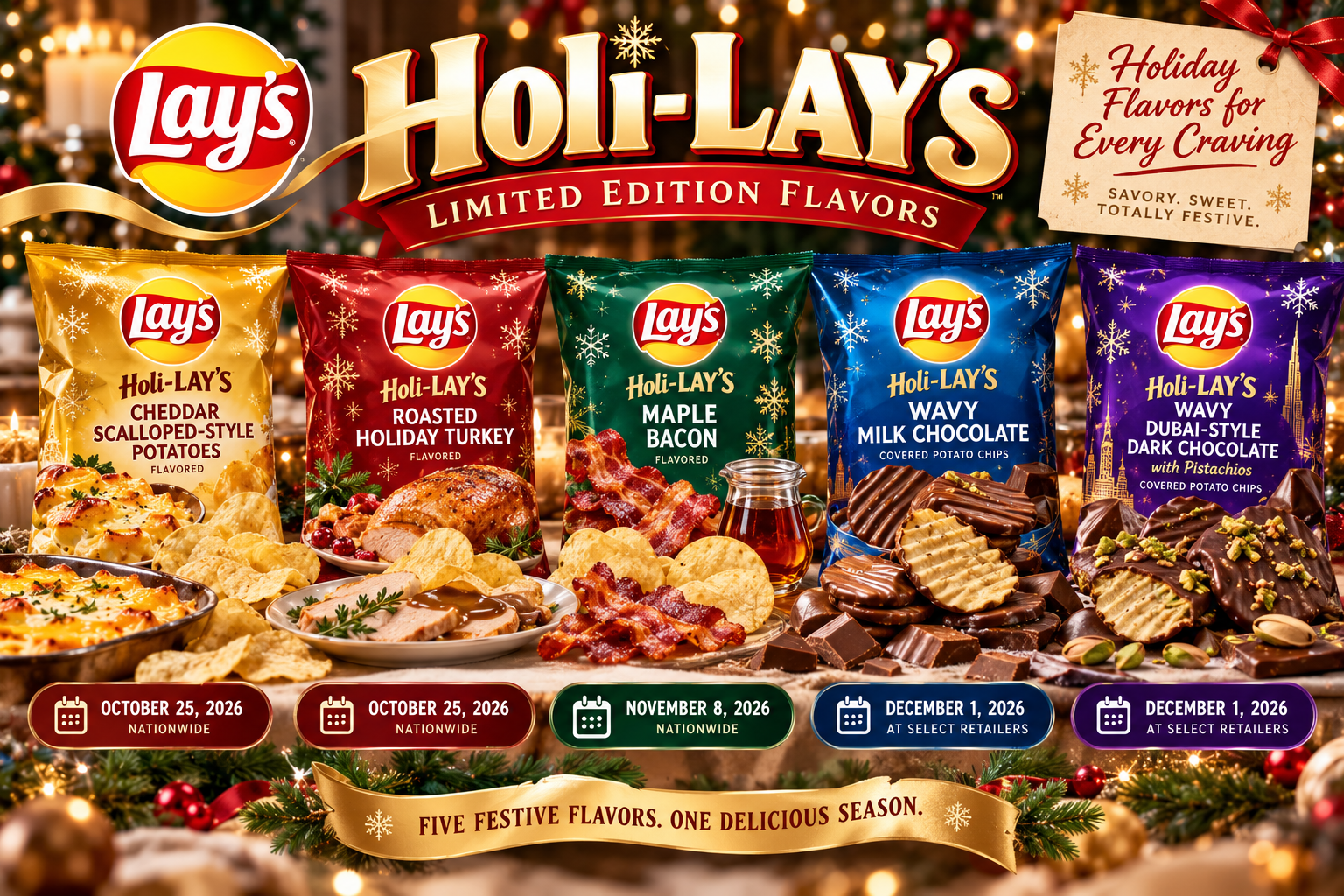 Lay's Holi-LAY'S Limited Edition Flavors 2026: Five New Holiday Chips Bring Turkey, Maple Bacon and Dubai Chocolate to the Snack Aisle