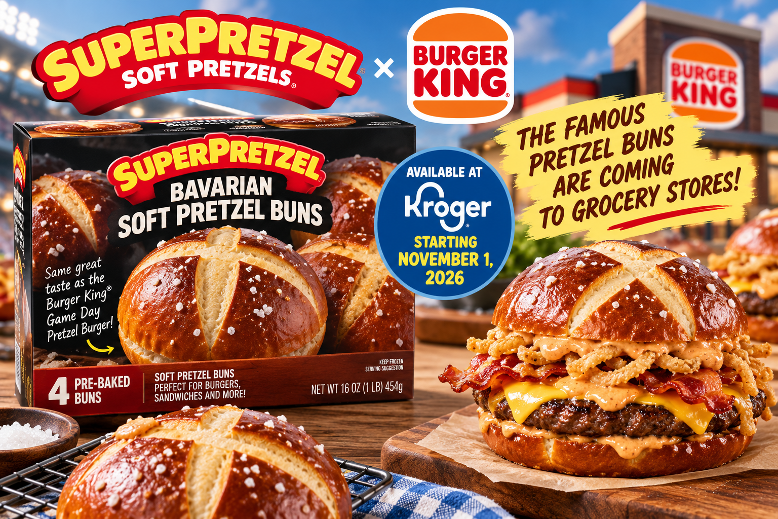 SUPERPRETZEL Bavarian Soft Pretzel Buns inspired by Burger King’s Game Day Pretzel Burger, launching at Kroger November 1, 2026.
