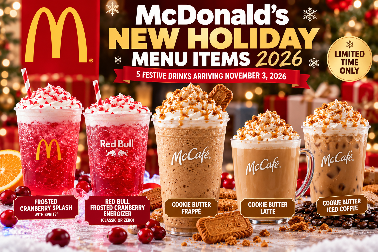  Text: McDonald's five new holiday drinks for 2026, featuring Frosted Cranberry Splash, Red Bull Frosted Cranberry Energizer, Cookie Butter Frappé, Latte, and Iced Coffee.