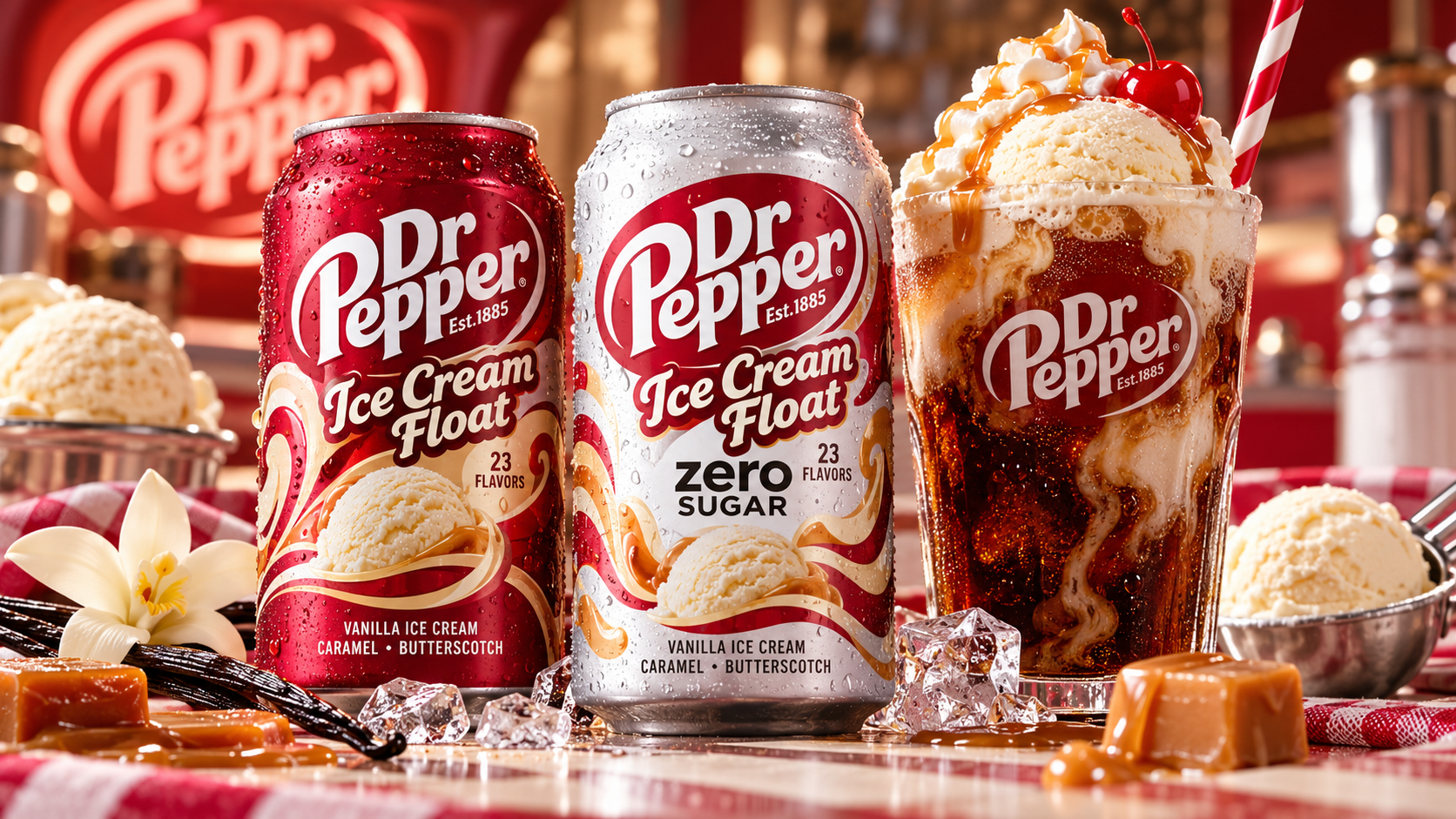 Dr Pepper Ice Cream Float new flavor 2027 concept image featuring Regular and Zero Sugar soda cans beside a vanilla ice cream float with caramel, butterscotch and whipped cream.