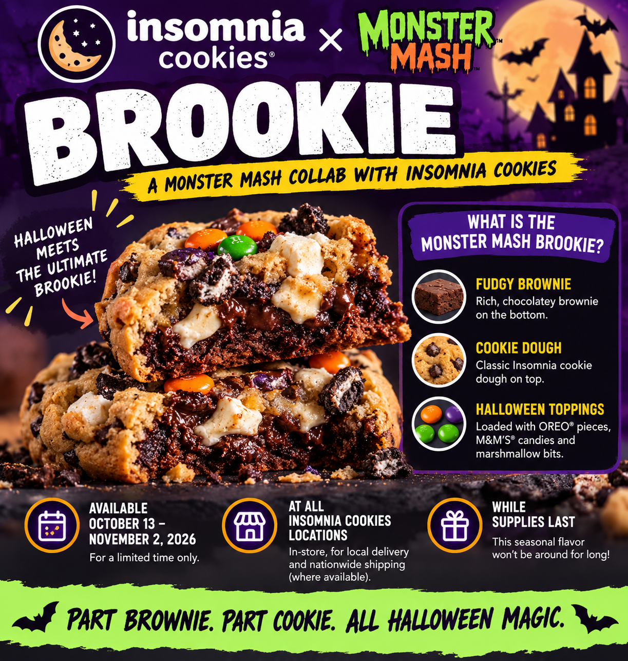 Monster Mash Brookie at Insomnia Cookies: Brownie, Cookie, Snickers, Twix and M&M's in One Halloween Treat
