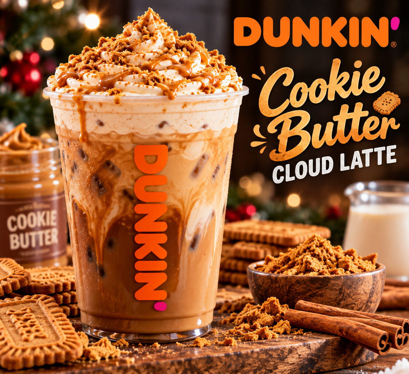 Dunkin' Cookie Butter holiday drinks returning November 4, 2026, featuring Cookie Butter lattes, cold foam, and cookie crumbles.
