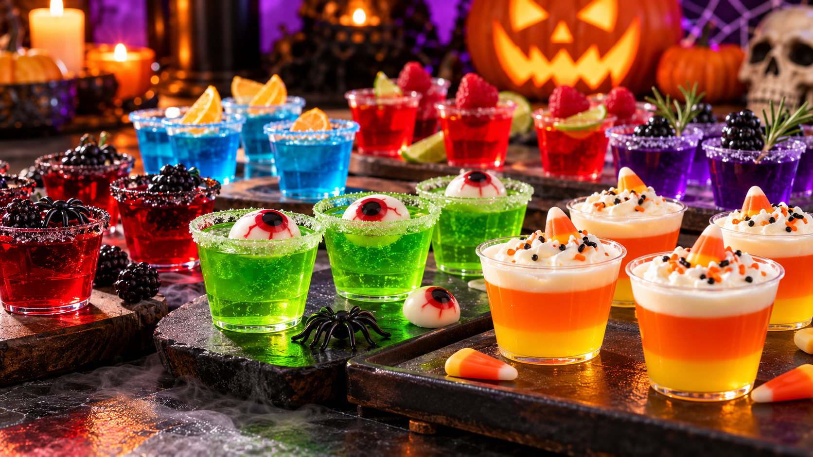 Colorful Halloween Jello shots in red, green, blue, purple, and orange, decorated with gummy eyeballs, candy corn, berries, and citrus, arranged on a spooky party table with pumpkins and cand