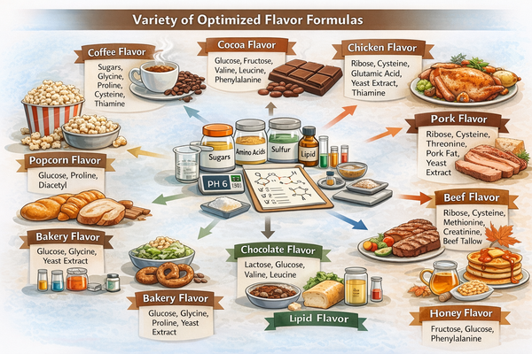 Practical, flavor-industry style optimized Maillard / thermal reaction systems for coffee, cocoa, chicken, pork, bakery, beef flavor, chocolate, cabbage, popcorn, maple flavor and honey