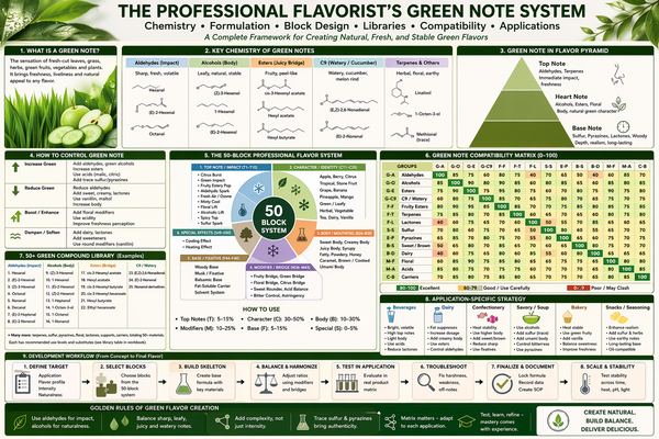🌿 The Professional Flavorist’s Green Note System: Chemistry, Formulation, Block Design, Libraries, Compatibility, and Application Mastery