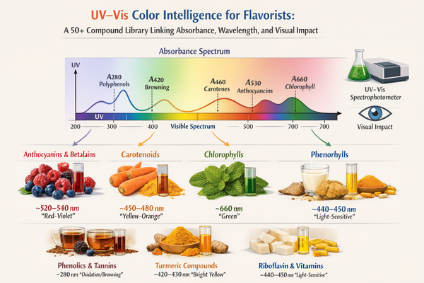 UV–Vis Color Intelligence for Flavorists: A 50+ Compound Library Linking Absorbance, Wavelength, and Visual Impact, and Color Drifting