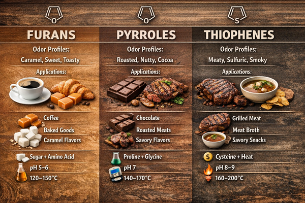 Furans, Pyrroles, and Thiophenes in Food Flavors: Their Odors, Applications, and Reaction Conditions