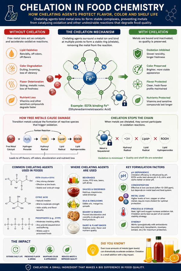 Chelation in Food Chemistry: Chemical Groups, Formulation Factors, Examples, and Impact on Flavor Aging & Shelf Life
