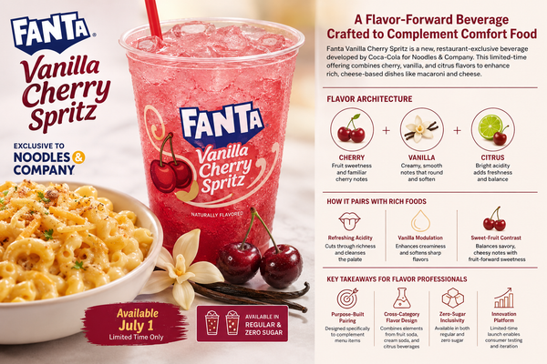 Coca-Cola and Noodles & Company Introduce Fanta Vanilla Cherry Spritz: A Strategic Look at Flavor Pairing in Foodservice