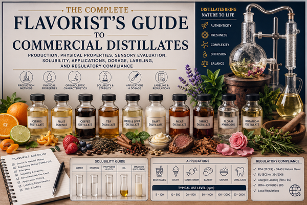 The Complete Flavorist's Guide to Commercial Distillates: Production, Physical Properties, Sensory Evaluation, Solubility, Applications, Dosage, Labeling, and Regulatory Compliance