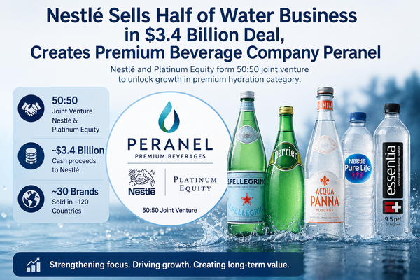 News Alert: Nestlé Sells Half of Water Business in $3.4 Billion Deal, Creates Premium Beverage Company Peranel