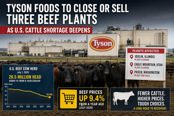Tyson Foods to Close or Sell Three Beef Plants as U.S. Cattle Shortage Deepens