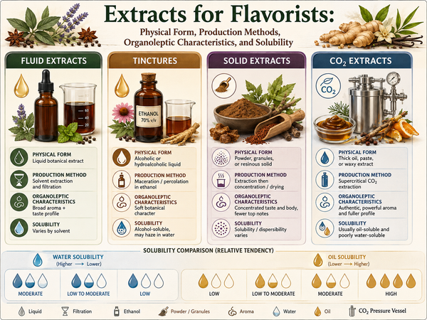 Extracts for Flavorists: Physical Form, Production Methods, Organoleptic Characteristics, and Solubility