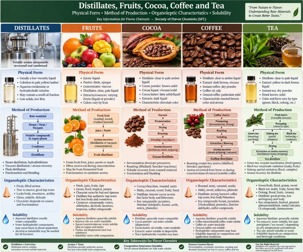 Distillates, Fruits, Cocoa, Coffee & Tea: Production, Sensory Characteristics, Physical Form and Solubility