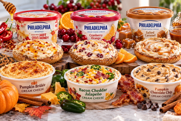 An illustrated assortment of innovative cream cheese flavors, including hot honey, cranberry orange, salted caramel, pumpkin brûlée, bacon cheddar jalapeño, and pumpkin chocolate chip, displa