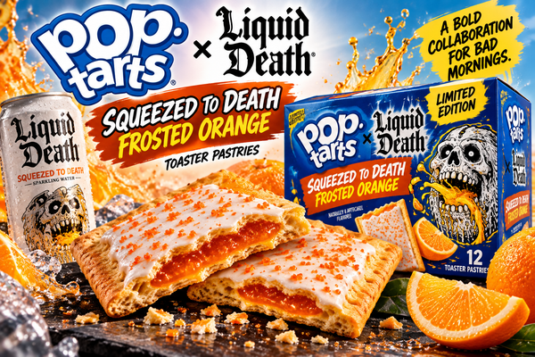 “New Pop-Tarts Liquid Death Squeezed to Death Frosted Orange toaster pastries featuring orange filling and white frosting, launching November 2026