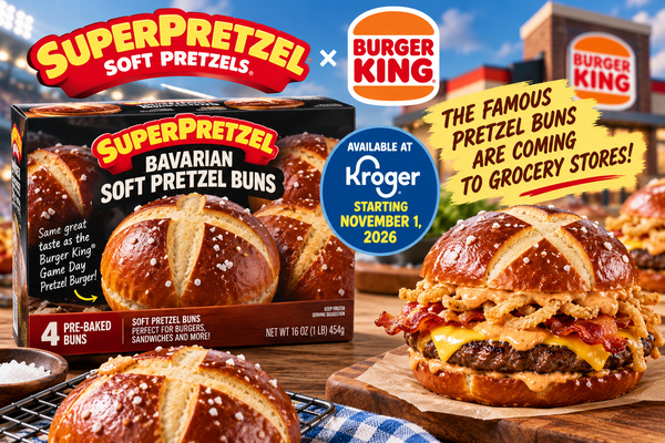 SUPERPRETZEL Bavarian Soft Pretzel Buns inspired by Burger King’s Game Day Pretzel Burger, launching at Kroger November 1, 2026.