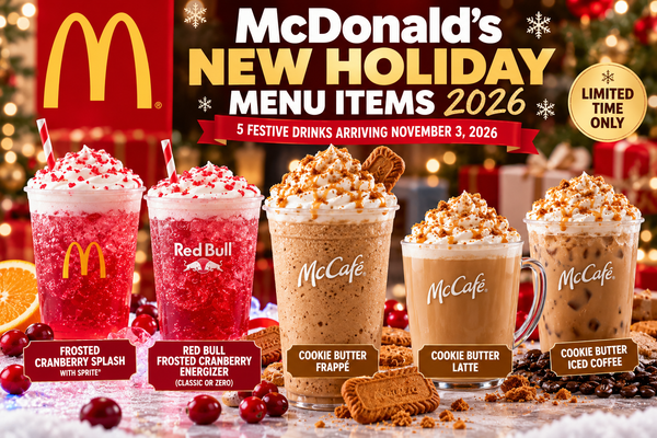  Text: McDonald's five new holiday drinks for 2026, featuring Frosted Cranberry Splash, Red Bull Frosted Cranberry Energizer, Cookie Butter Frappé, Latte, and Iced Coffee.