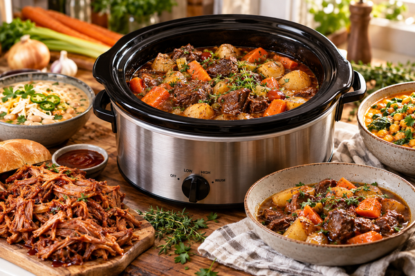 Stainless steel slow cooker filled with savory beef stew, surrounded by pulled pork, chicken chili, vegetable curry, fresh herbs, and ingredients for flavorful slow cooker meals.