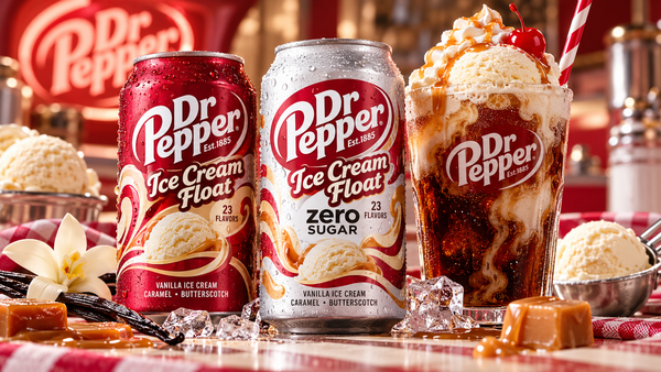 Dr Pepper Ice Cream Float new flavor 2027 concept image featuring Regular and Zero Sugar soda cans beside a vanilla ice cream float with caramel, butterscotch and whipped cream.