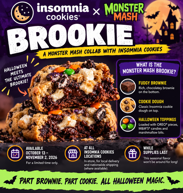 Monster Mash Brookie at Insomnia Cookies: Brownie, Cookie, Snickers, Twix and M&M's in One Halloween Treat