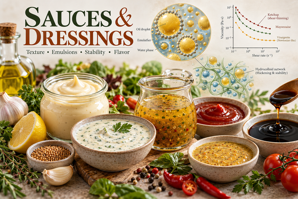 High-definition food science illustration featuring an assortment of sauces and dressings, including mayonnaise, vinaigrette, ketchup, mustard dressing, and creamy herb sauce, surrounded by f