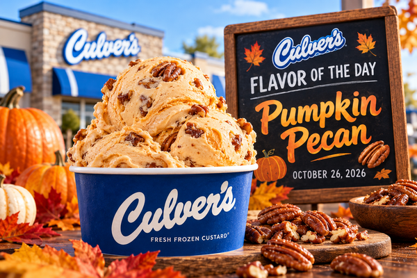 Culver's Pumpkin Pecan Flavor of the Day featuring creamy pumpkin frozen custard with toasted pecans, celebrating National Pumpkin Day on October 26, 2026.