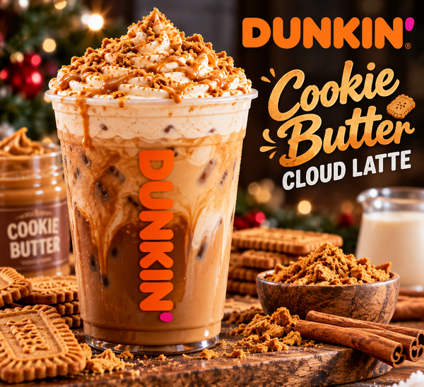Dunkin' Cookie Butter holiday drinks returning November 4, 2026, featuring Cookie Butter lattes, cold foam, and cookie crumbles.